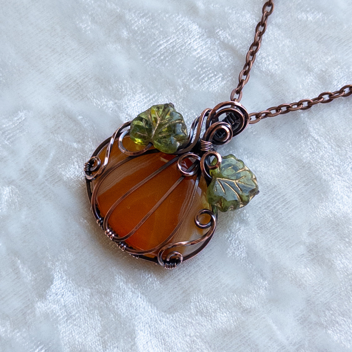 Orange Agate Pumpkin Pendant Witch Czech Glass Leaves - Antiqued Copper