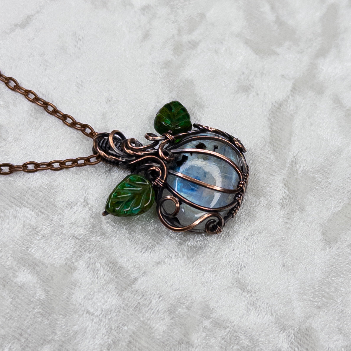 Rainbow Moonstone Antiqued Copper Pumpkin Pendant With Czech Glass Leaves