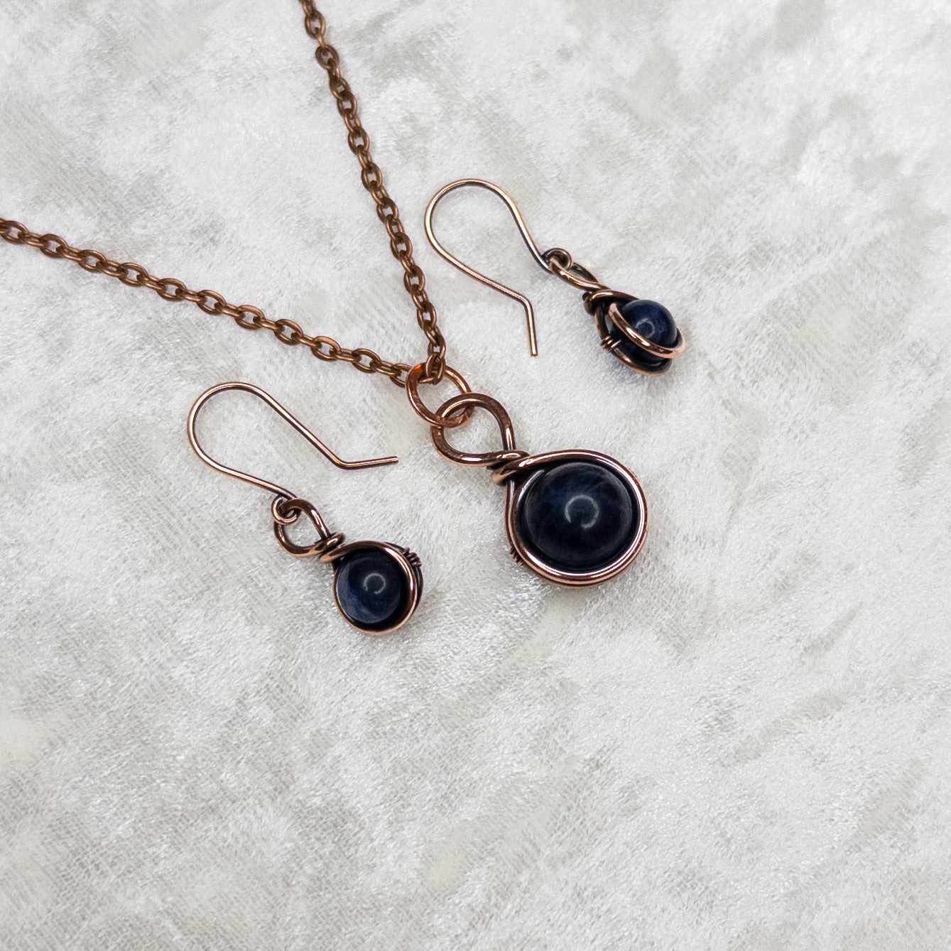Drops of Sodalite Antiqued Copper Necklace & Earring Set