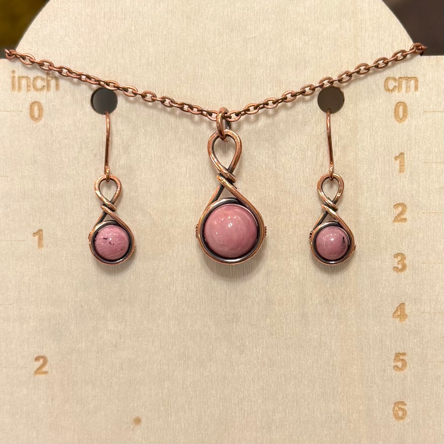 Drops of Rhodonite Antiqued Copper Pendant & Earrings Set