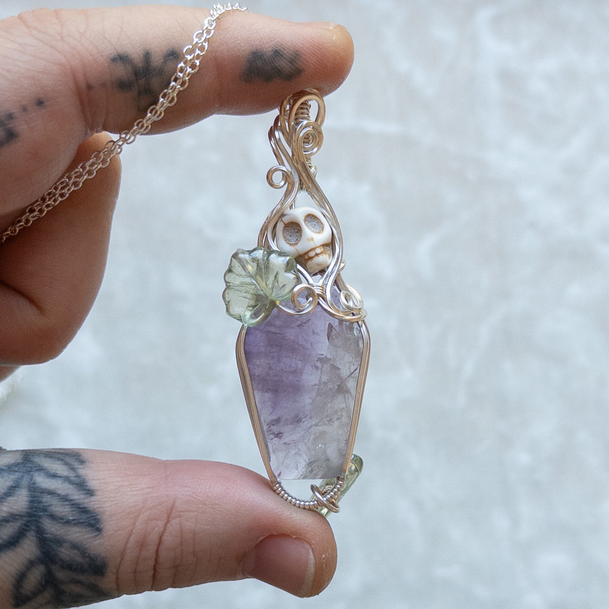 Pastel Amethyst Coffin & Skull Sterling Silver Pendant With Dangling Czech Glass Leaf