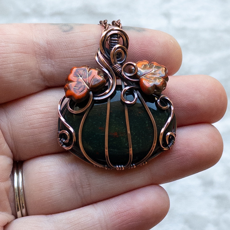 Bloodstone Pumpkin Pendant Witch Czech Glass Leaves - Antiqued Copper
