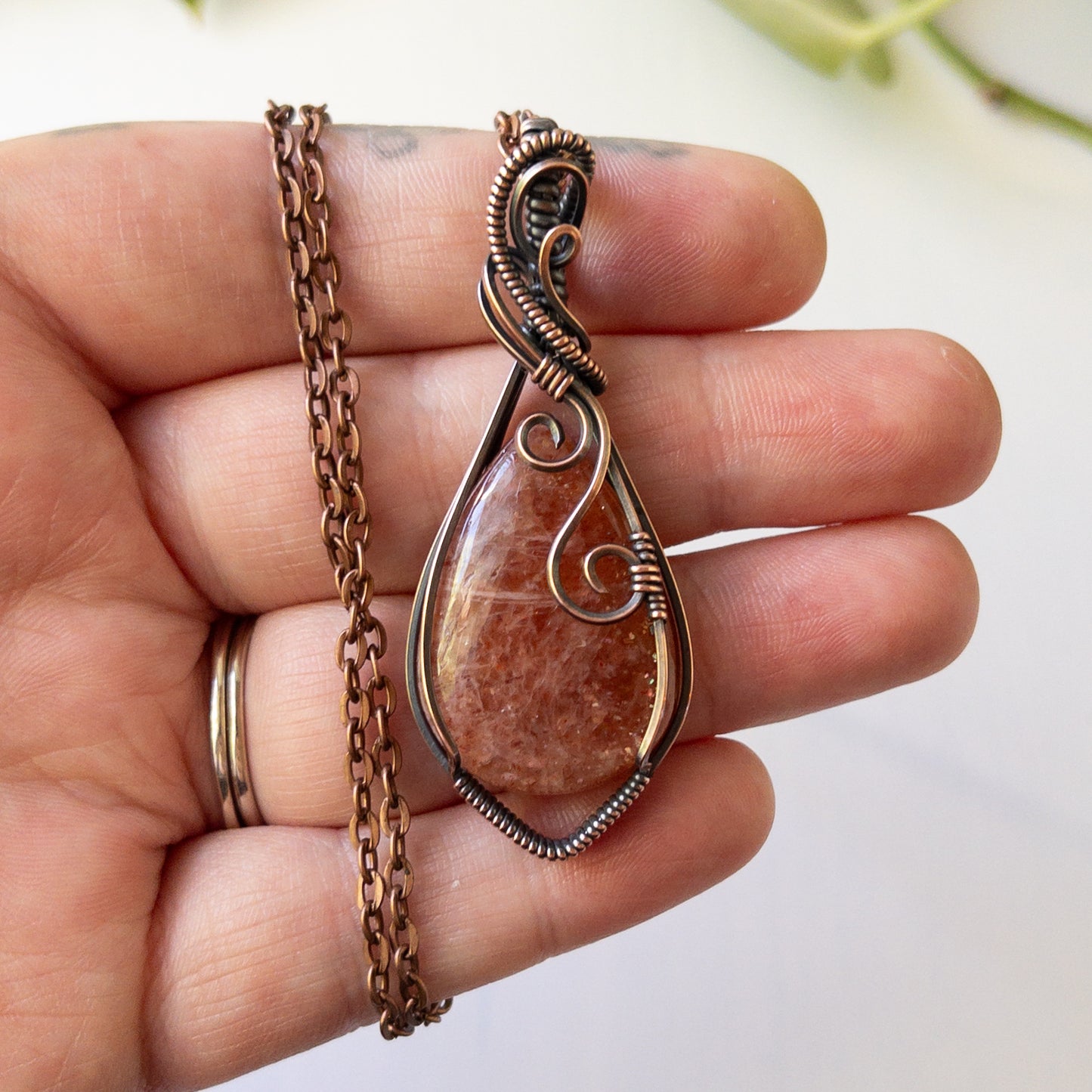 Sunstone & Antiqued Copper Wrapped Pendant