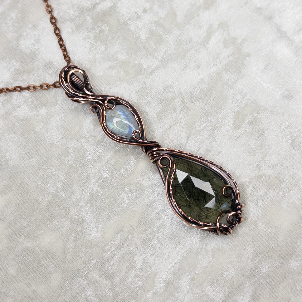 Rose-Cut Prehnite & Rainbow Moonstone Antiqued Copper Pendant