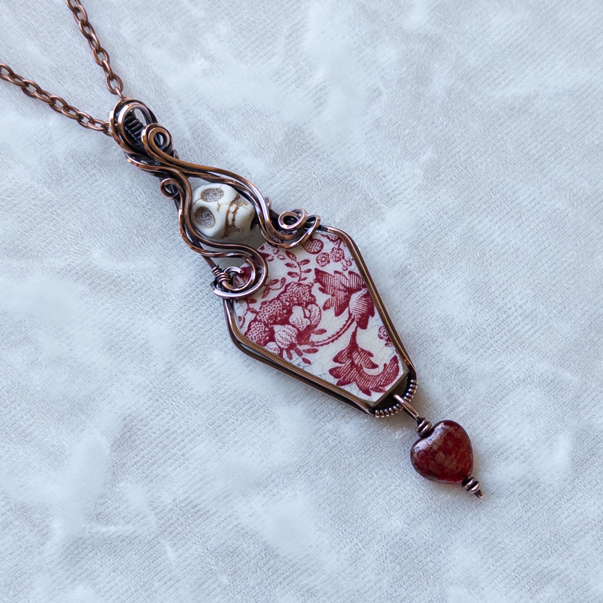 Vintage China Coffin, Skull, & Heart Antiqued Copper Pendant
