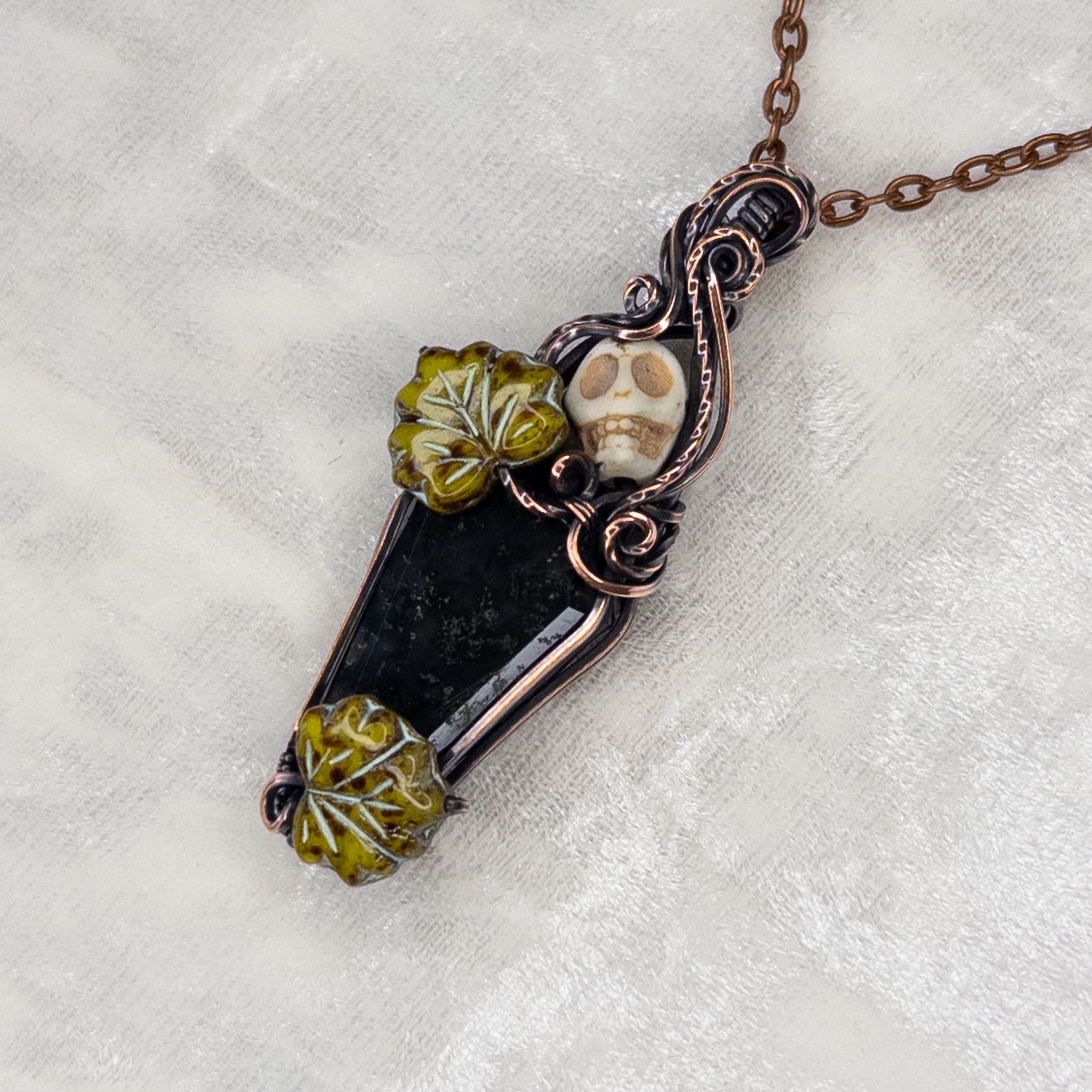 Moss Agate Coffin & Skull Antiqued Copper Pendant With Czech Glass Leaves
