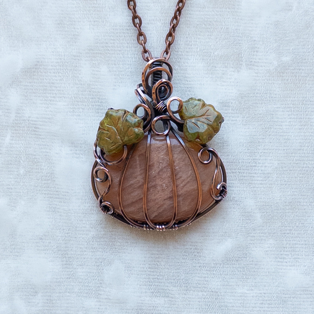 Peach Amazonite Antiqued Copper Pumpkin Pendant With Czech Glass Leaves