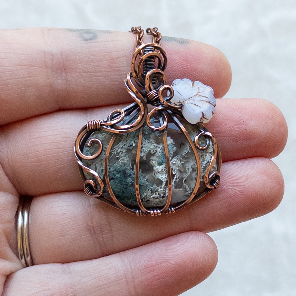 Moss Agate Antiqued Copper Pumpkin Pendant With Czech Glass Leaf