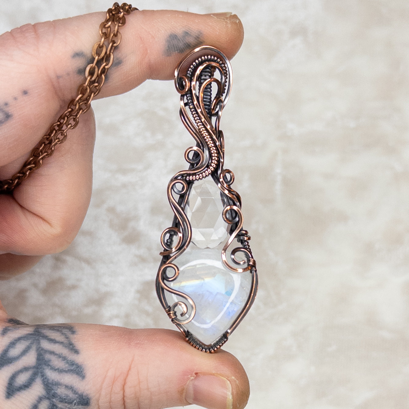 Rainbow Moonstone & Rose Cut Quartz Antiqued Copper Pendant