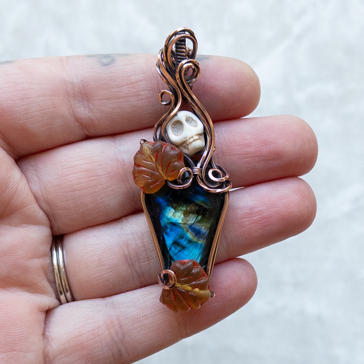 Labradorite Coffin & Skull Antiqued Copper Pendant With Czech Glass Leaves