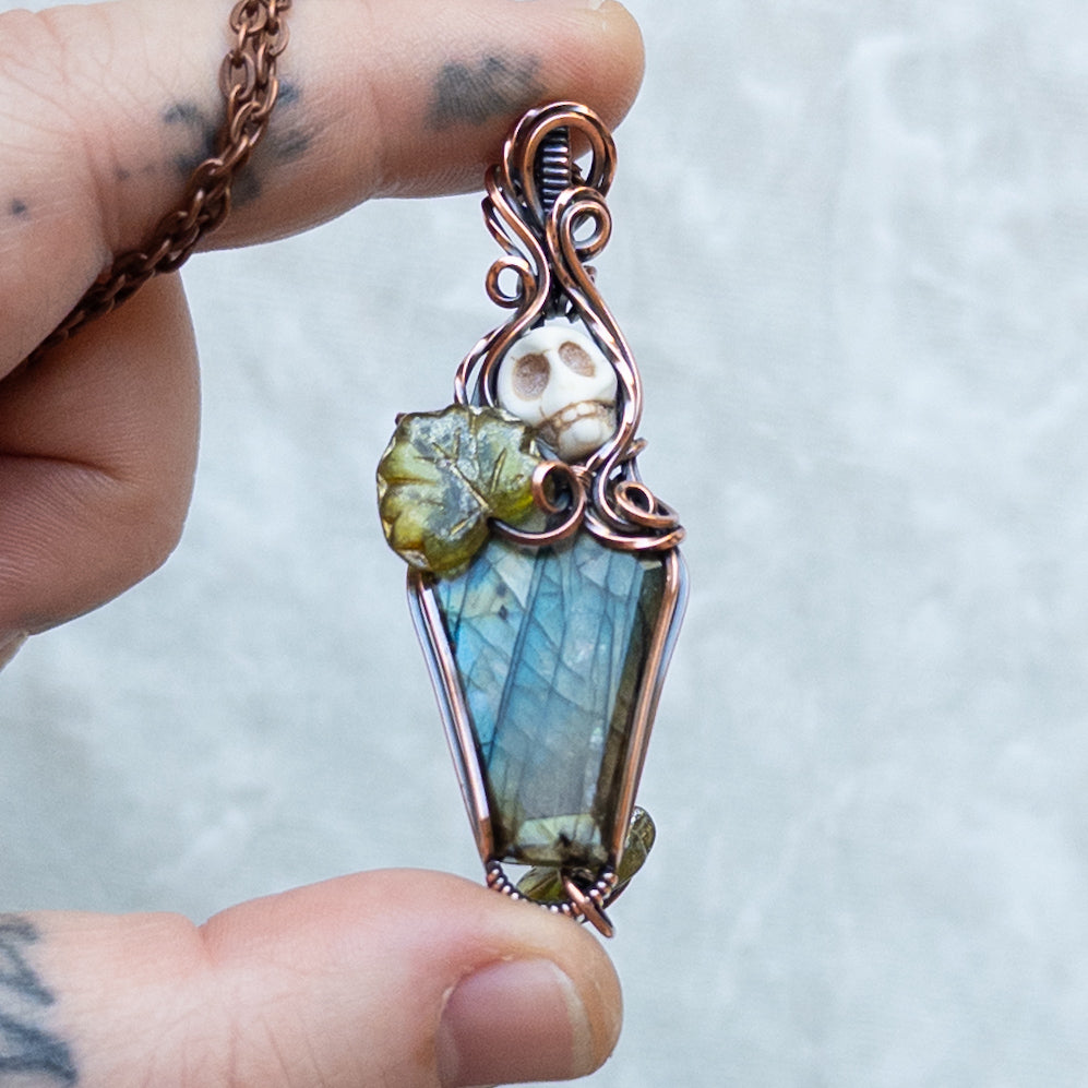 Labradorite Coffin & Skull Antiqued Copper Pendant With Czech Glass Leaves