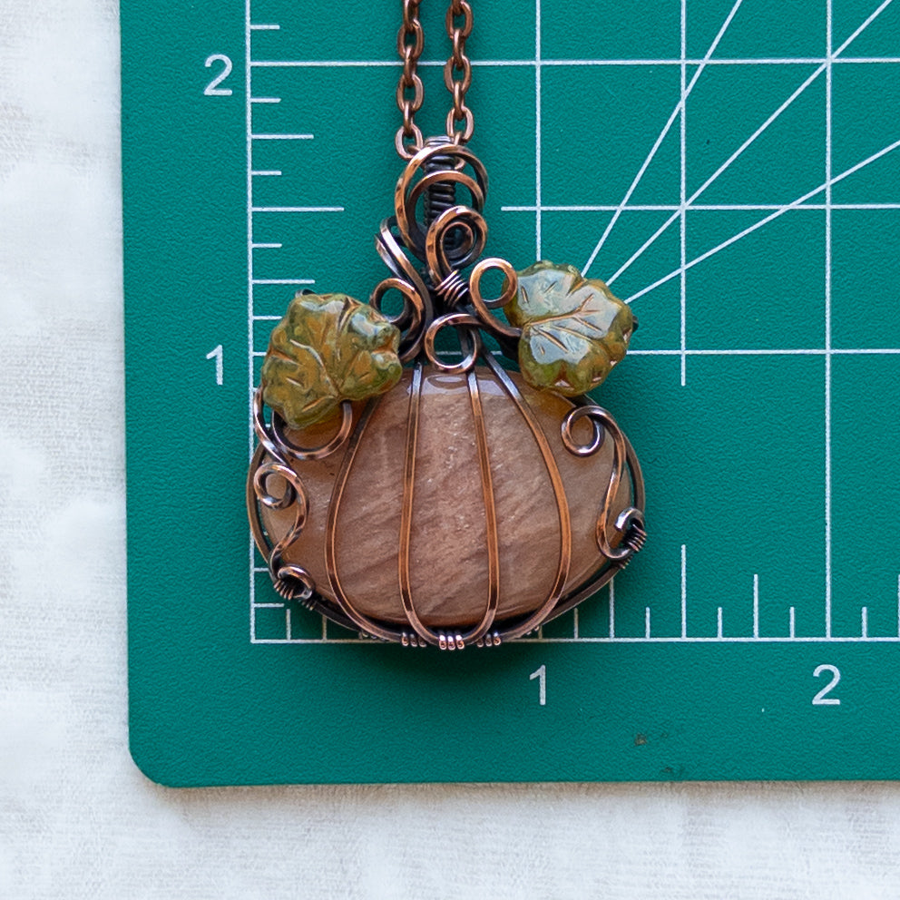 Peach Amazonite Antiqued Copper Pumpkin Pendant With Czech Glass Leaves