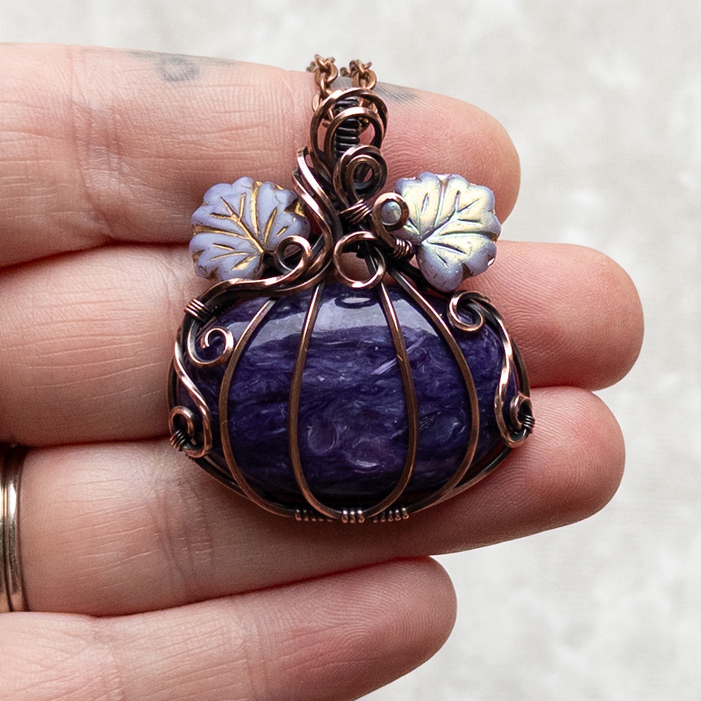 Charoite Pumpkin Antiqued Copper Pendant With Czech Glass Leaves