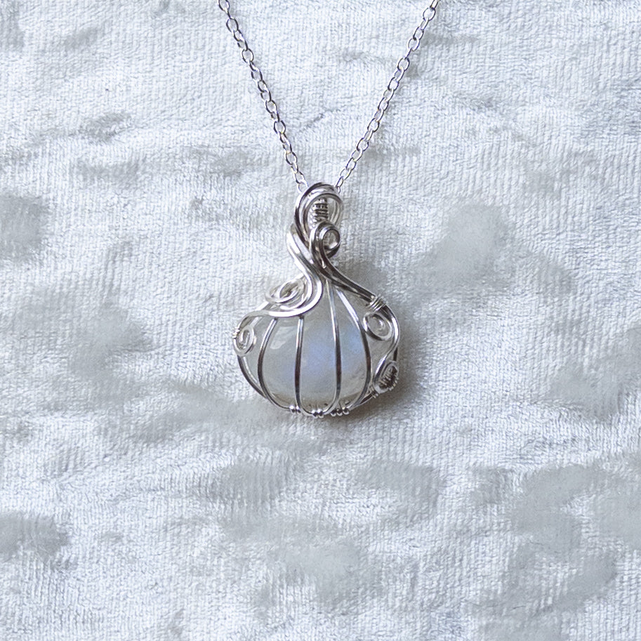 Mini Moonstone Pumpkin Pendant - Solid Sterling Silver