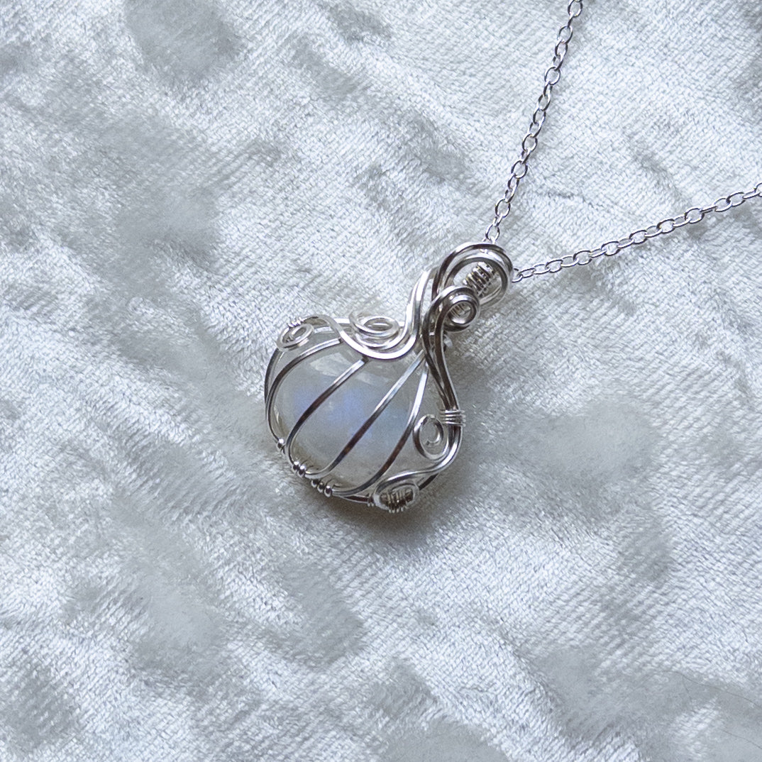 Mini Moonstone Pumpkin Pendant - Solid Sterling Silver
