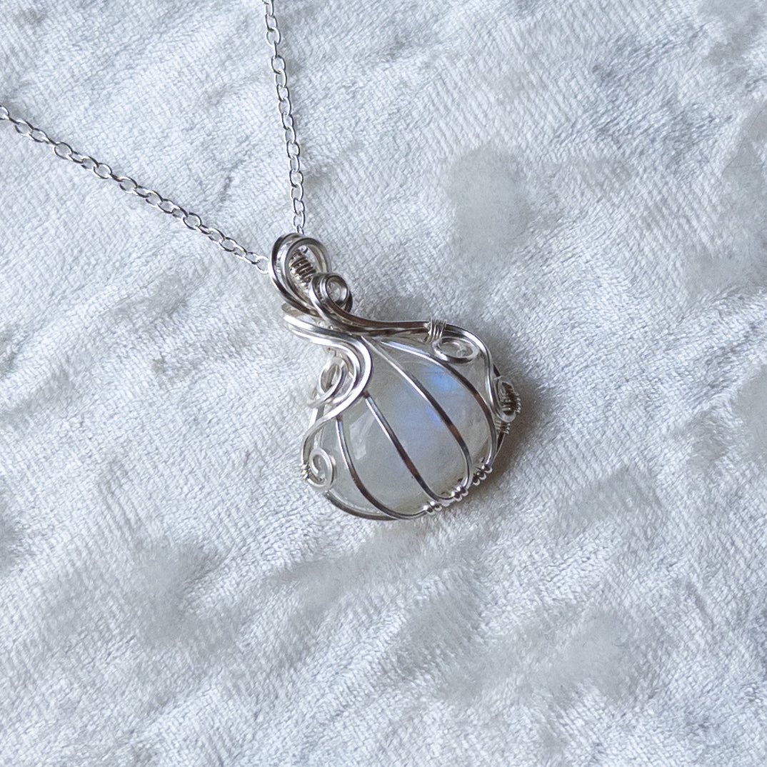 Mini Moonstone Pumpkin Pendant - Solid Sterling Silver