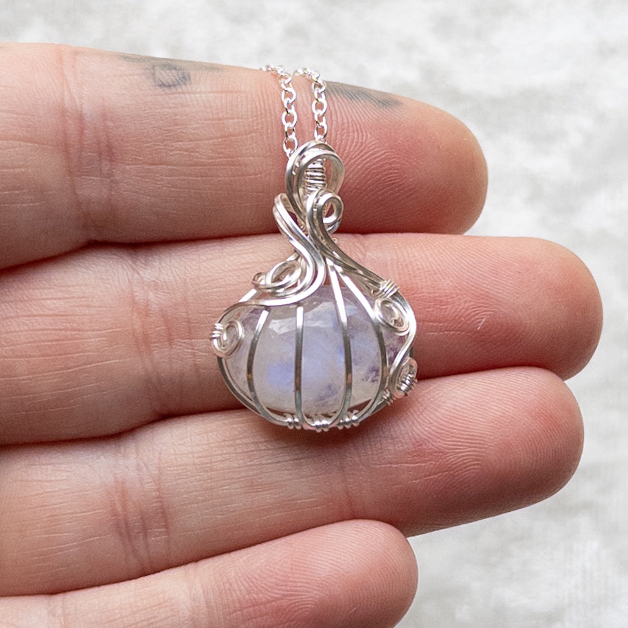 Mini Moonstone Pumpkin Pendant - Solid Sterling Silver