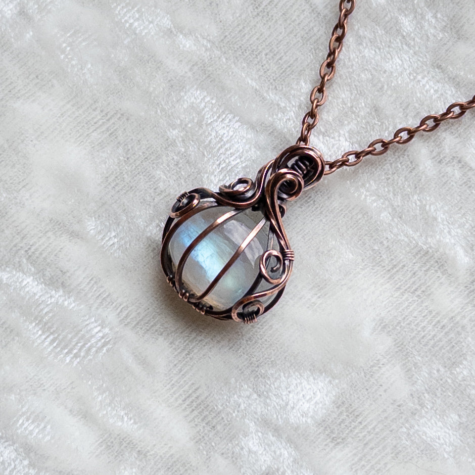 Mini Moonstone Pumpkin Pendant - Antiqued Copper
