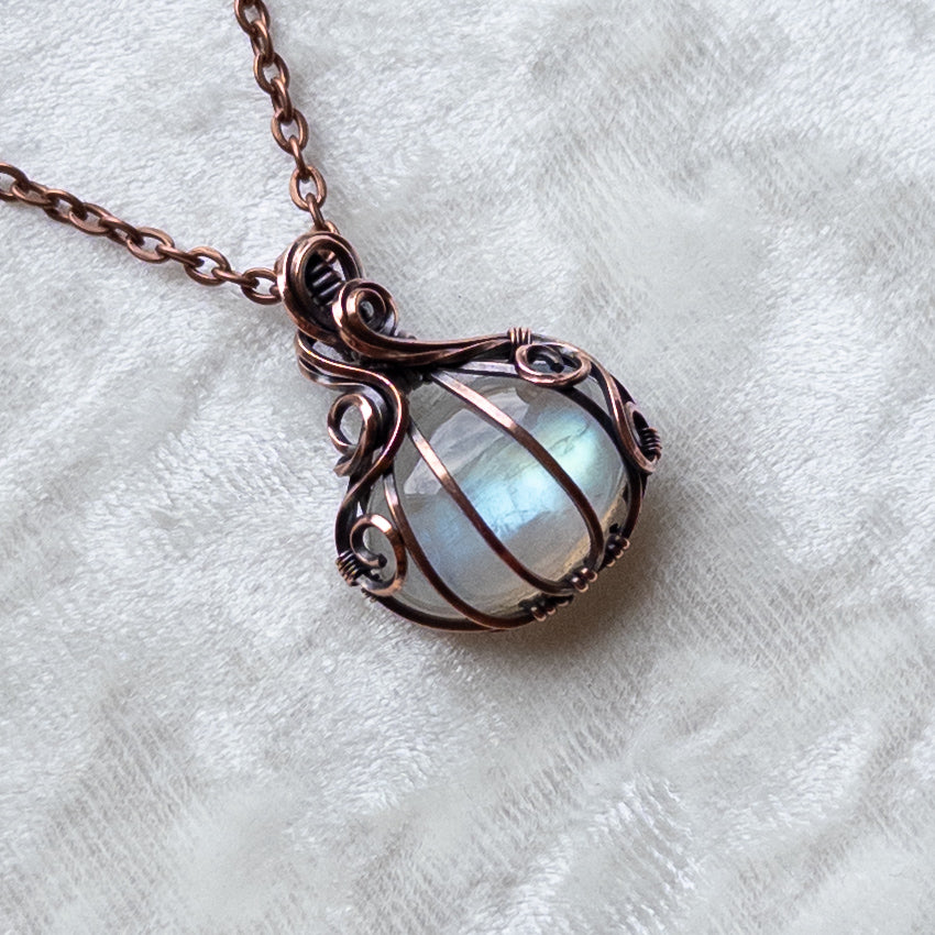 Mini Moonstone Pumpkin Pendant - Antiqued Copper
