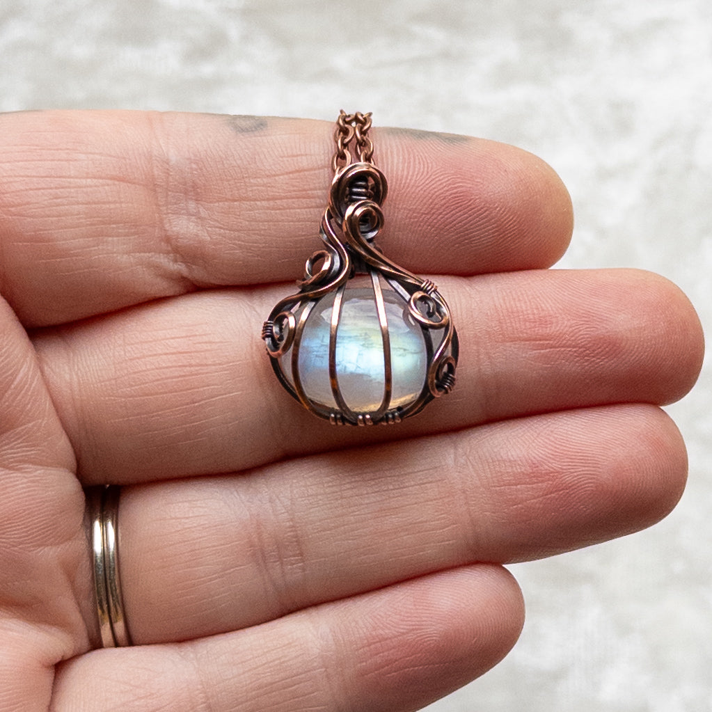 Mini Moonstone Pumpkin Pendant - Antiqued Copper