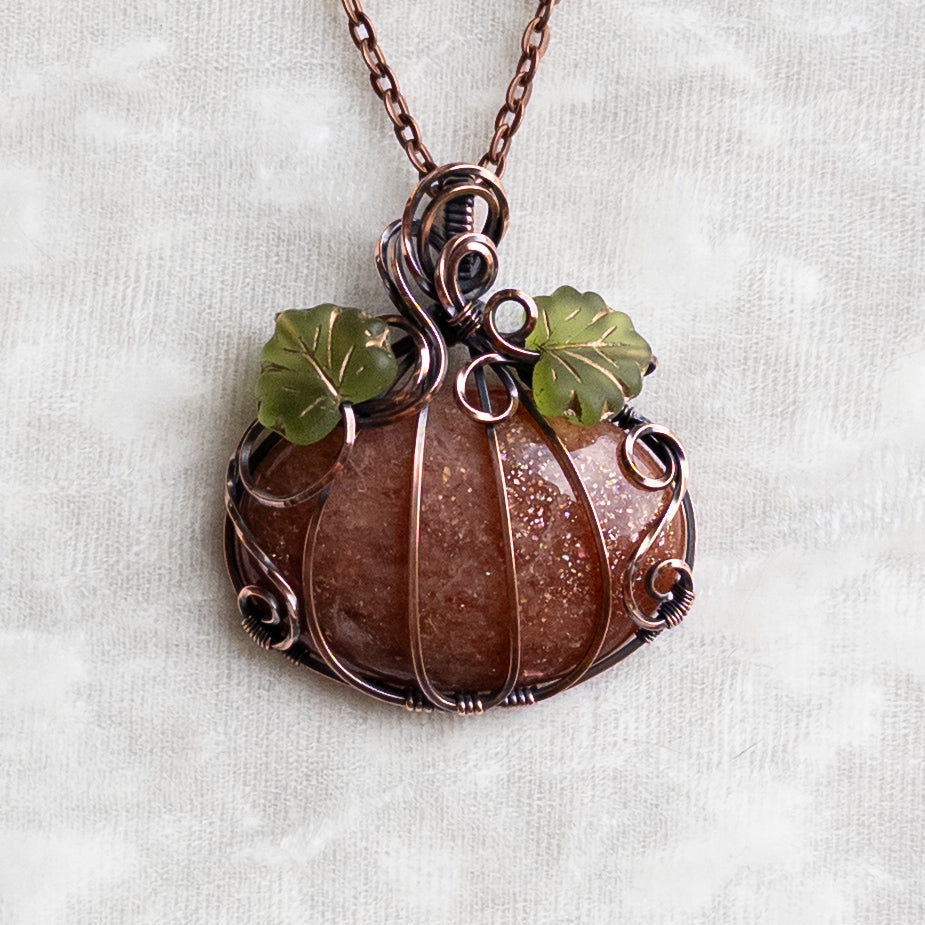 Confetti Sunstone Pumpkin Pendant With Czech Glass Leaves - Antiqued Copper