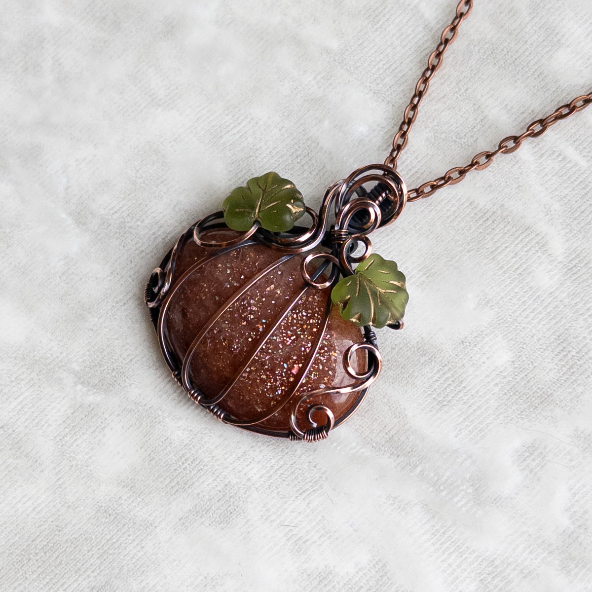 Confetti Sunstone Pumpkin Pendant With Czech Glass Leaves - Antiqued Copper