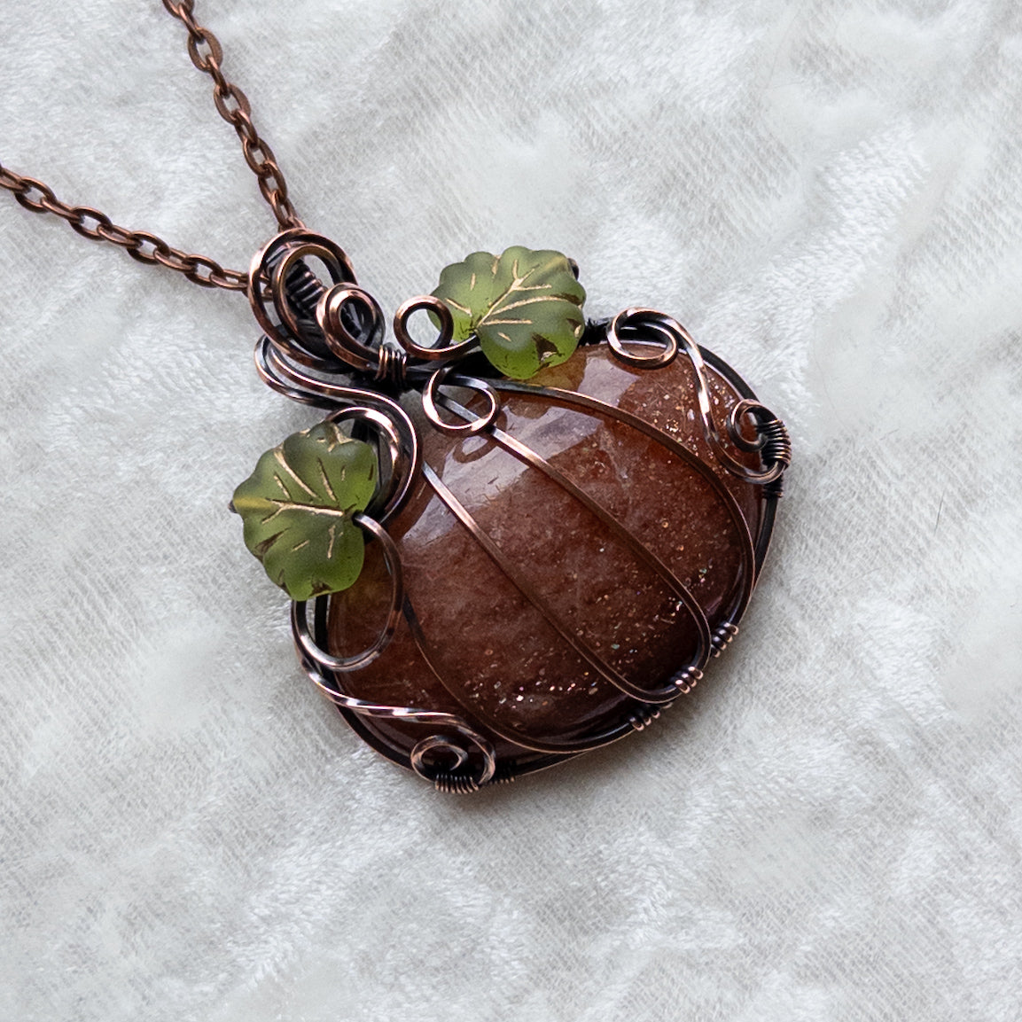 Confetti Sunstone Pumpkin Pendant With Czech Glass Leaves - Antiqued Copper