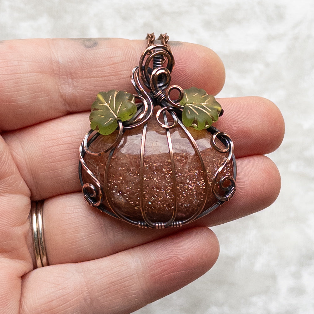 Confetti Sunstone Pumpkin Pendant With Czech Glass Leaves - Antiqued Copper