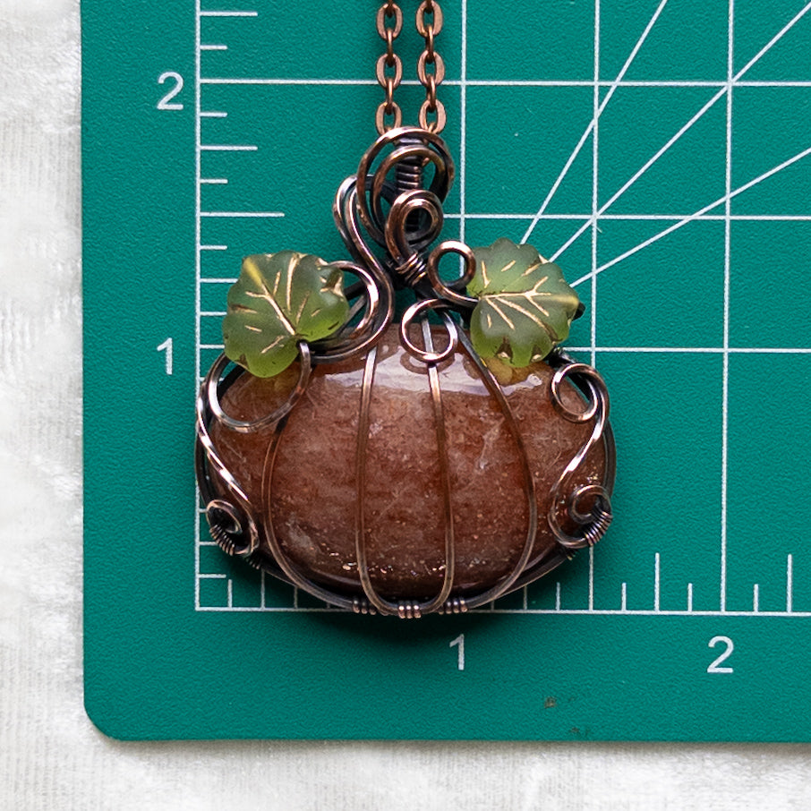 Confetti Sunstone Pumpkin Pendant With Czech Glass Leaves - Antiqued Copper