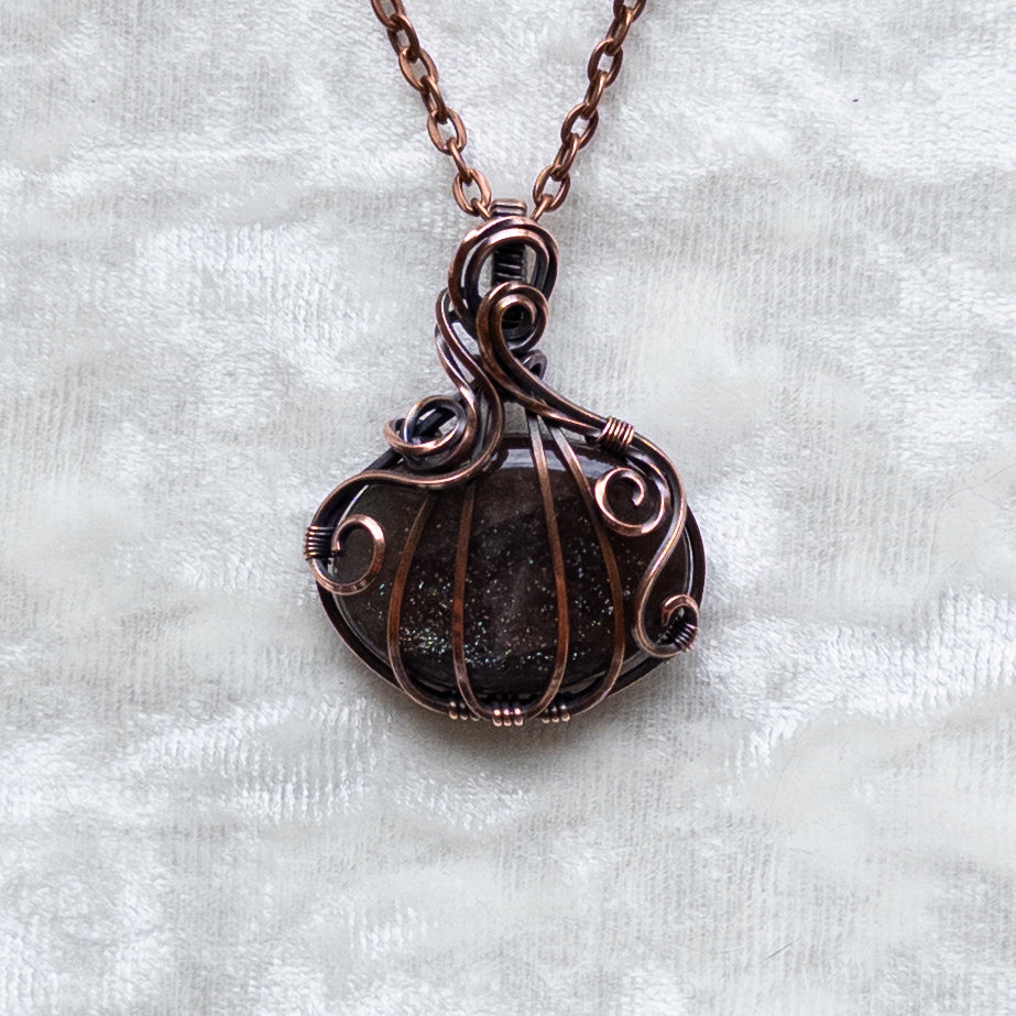 Purple & Green Haze Sunstone Pumpkin Pendant - Antiqued Copper