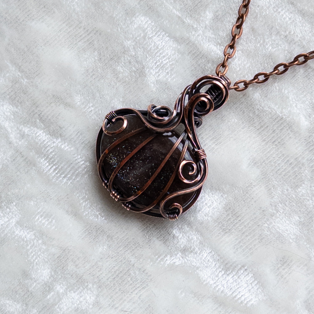 Purple & Green Haze Sunstone Pumpkin Pendant - Antiqued Copper