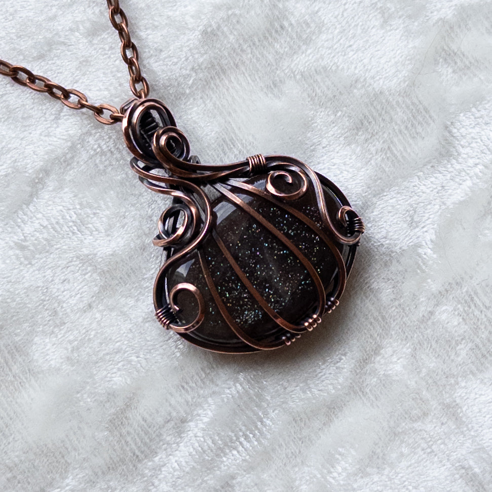 Purple & Green Haze Sunstone Pumpkin Pendant - Antiqued Copper