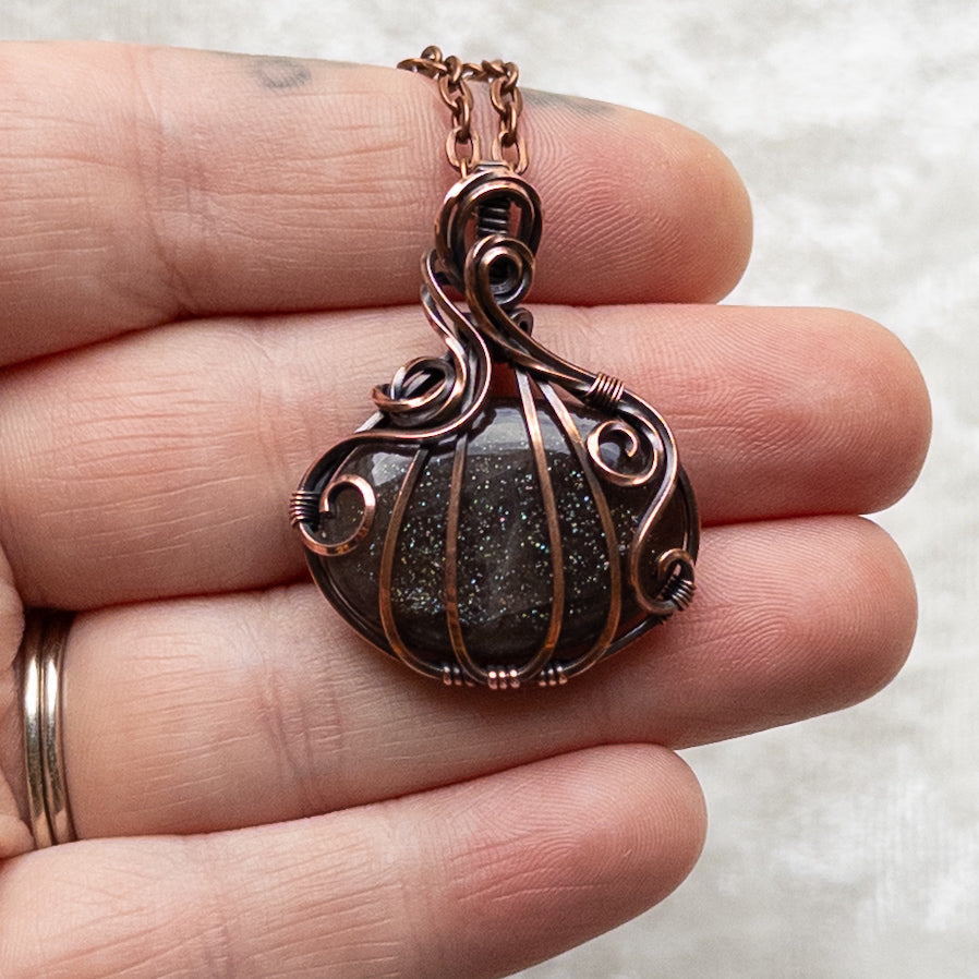 Purple & Green Haze Sunstone Pumpkin Pendant - Antiqued Copper