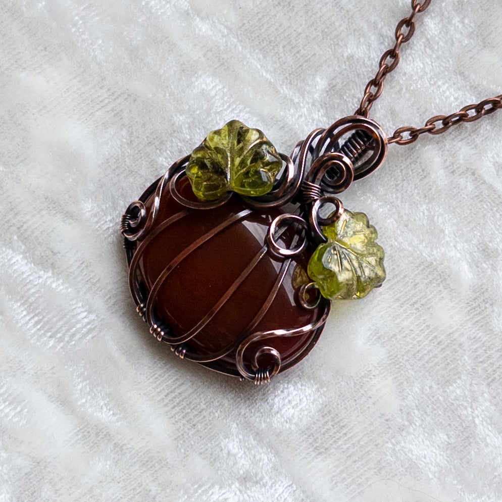 Carnelian Pumpkin Pendant With Czech Glass Leaves - Antiqued Copper