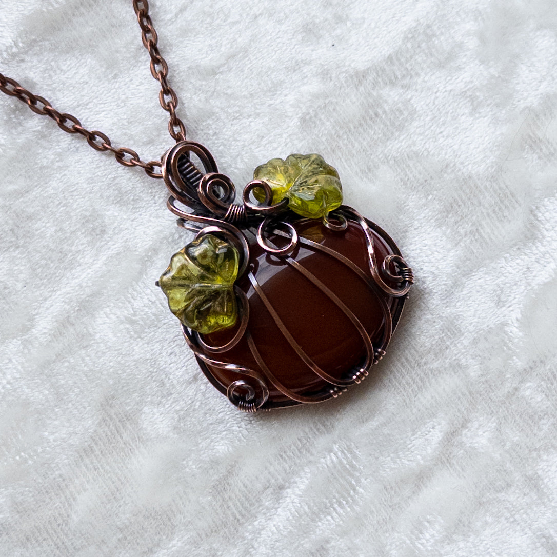 Carnelian Pumpkin Pendant With Czech Glass Leaves - Antiqued Copper