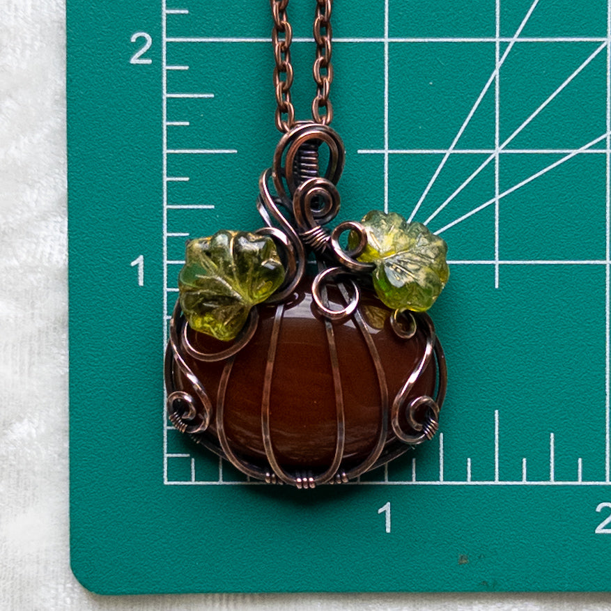 Carnelian Pumpkin Pendant With Czech Glass Leaves - Antiqued Copper