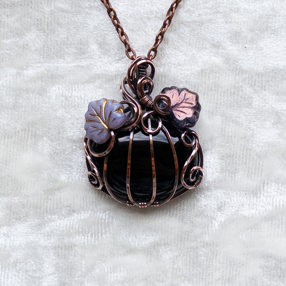 Black Onyx Pumpkin Pendant With Purple Czech Glass Leaves - Antiqued Copper
