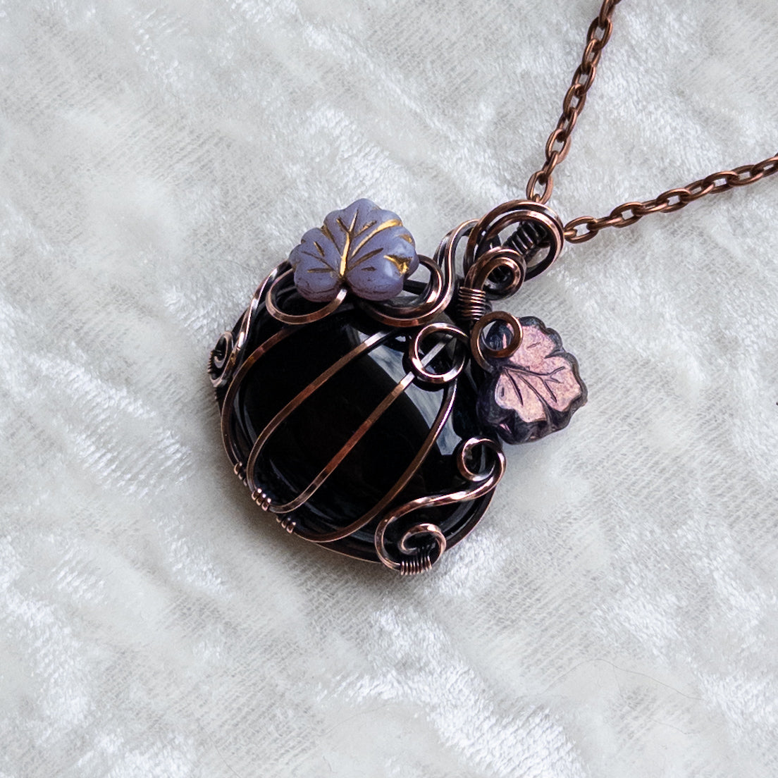 Black Onyx Pumpkin Pendant With Purple Czech Glass Leaves - Antiqued Copper