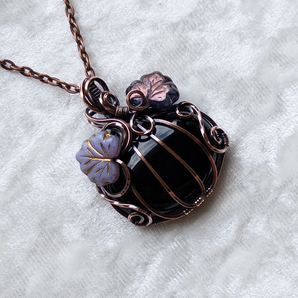 Black Onyx Pumpkin Pendant With Purple Czech Glass Leaves - Antiqued Copper