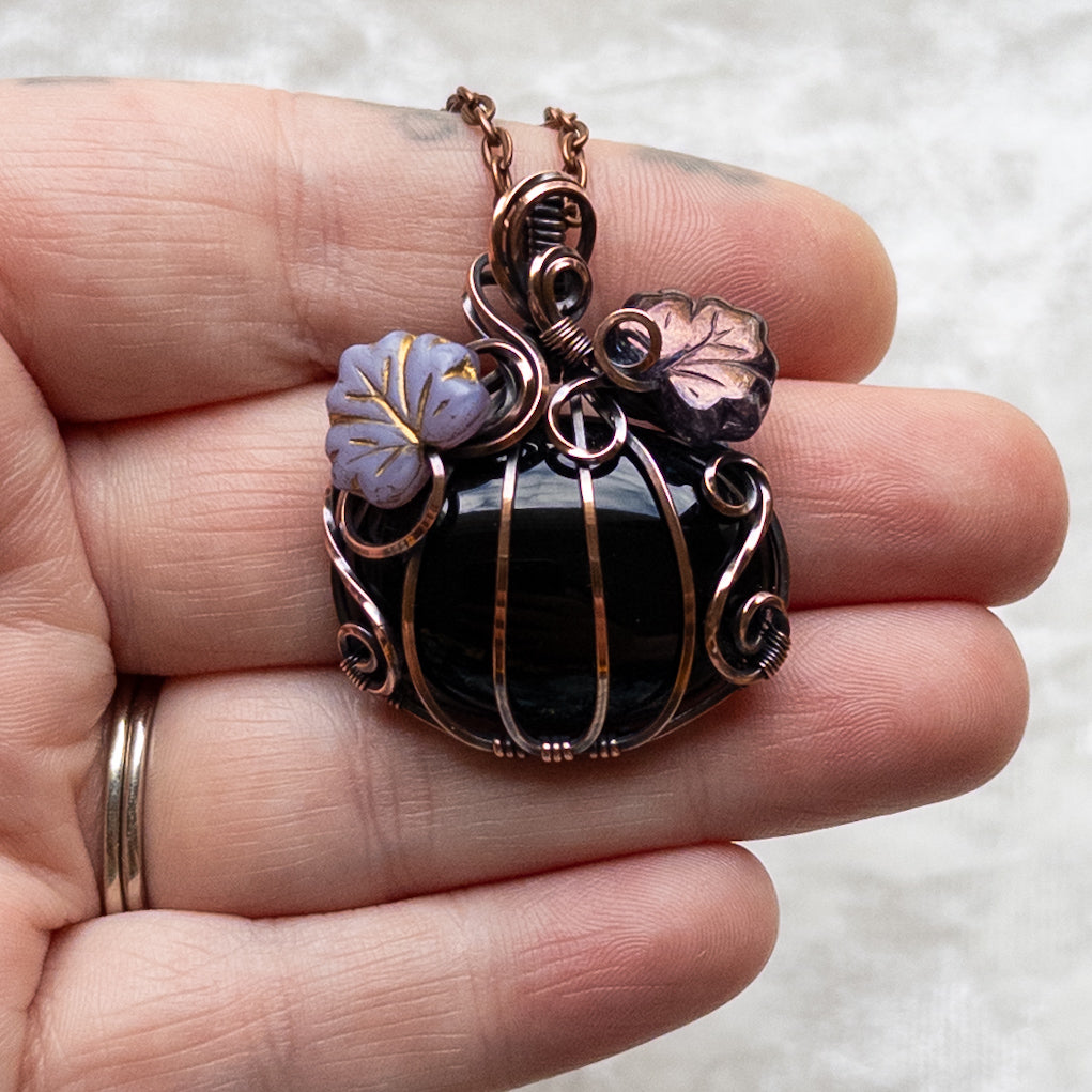 Black Onyx Pumpkin Pendant With Purple Czech Glass Leaves - Antiqued Copper