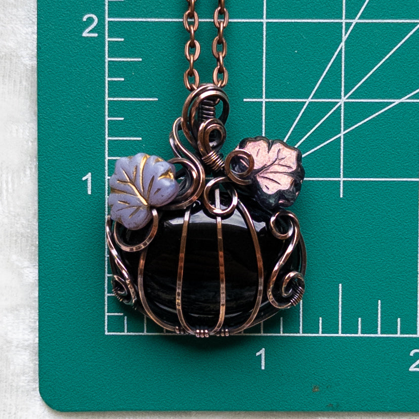 Black Onyx Pumpkin Pendant With Purple Czech Glass Leaves - Antiqued Copper