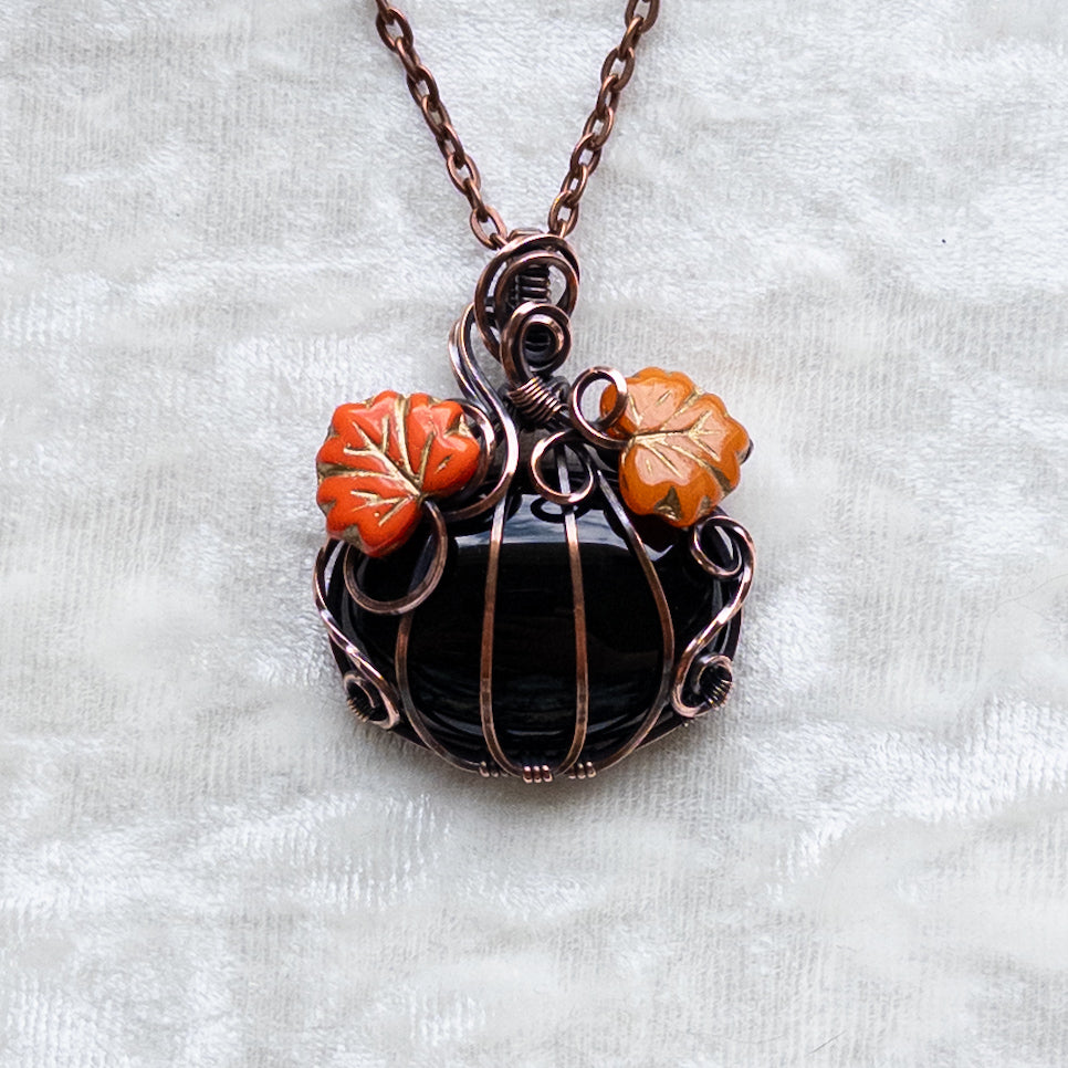 Black Onyx Pumpkin Pendant With Orange Czech Glass Leaves - Antiqued Copper