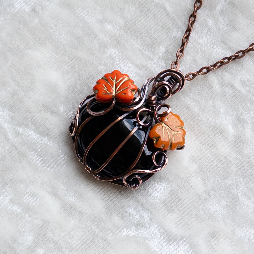 Black Onyx Pumpkin Pendant With Orange Czech Glass Leaves - Antiqued Copper