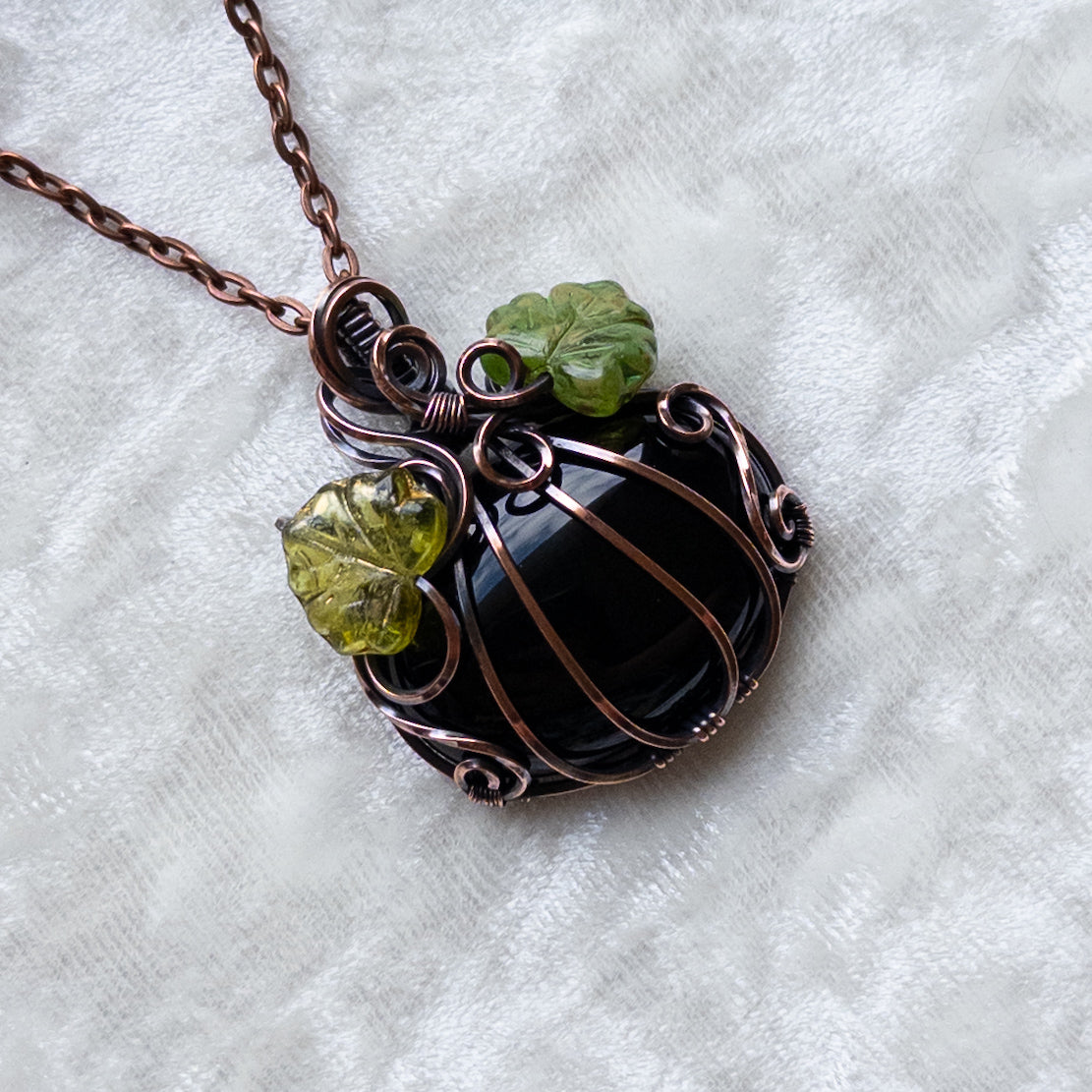 Black Onyx Pumpkin Pendant With Green Czech Glass Leaves - Antiqued Copper