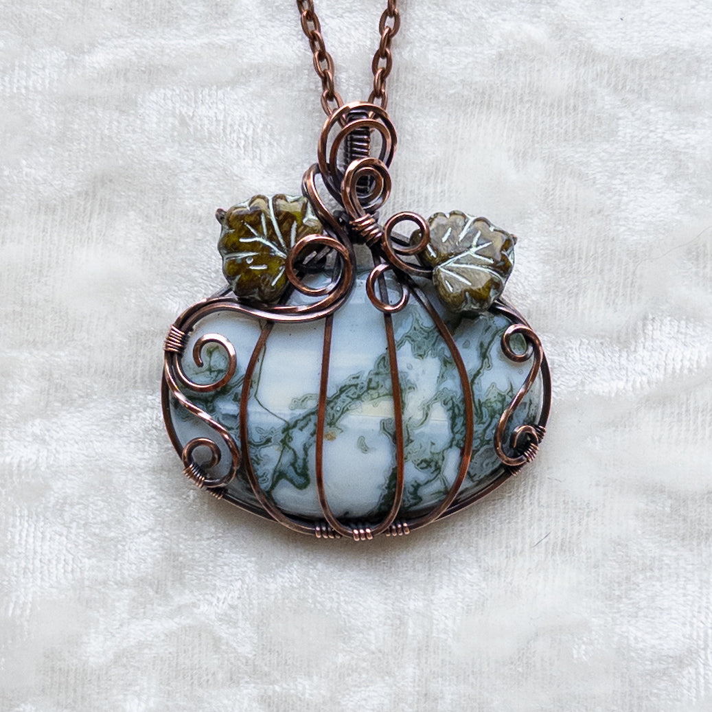 Tree Agate Pumpkin Pendant With Czech Glass Leaves - Antiqued Copper