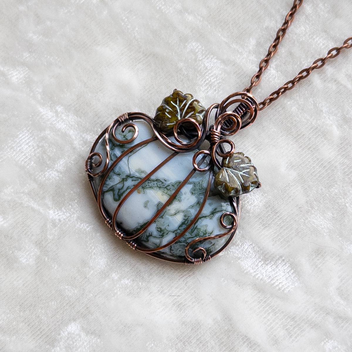 Tree Agate Pumpkin Pendant With Czech Glass Leaves - Antiqued Copper