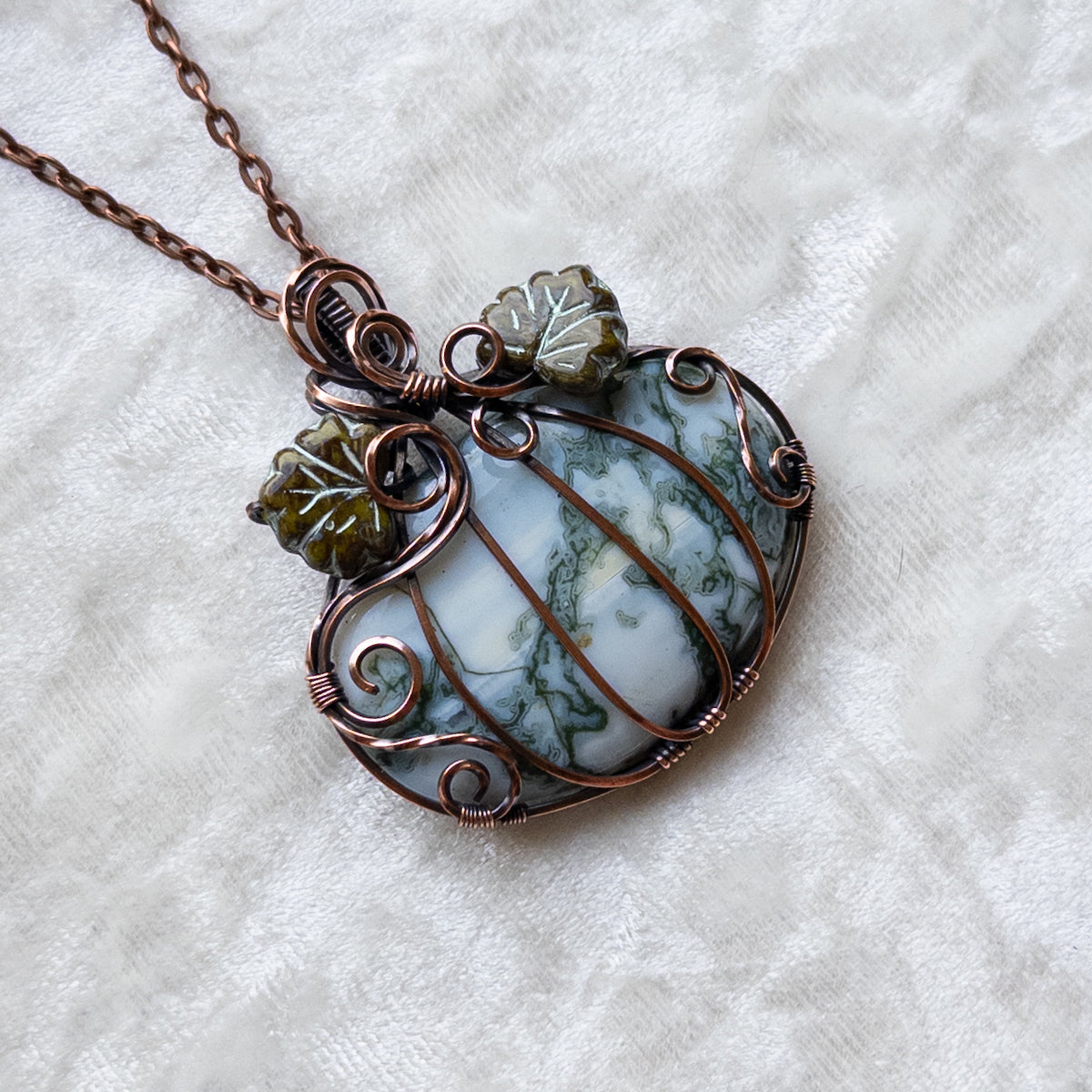 Tree Agate Pumpkin Pendant With Czech Glass Leaves - Antiqued Copper