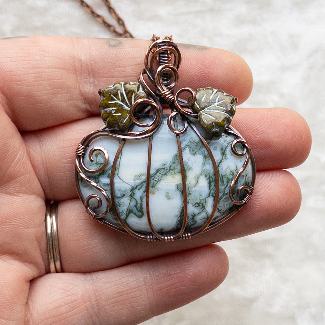 Tree Agate Pumpkin Pendant With Czech Glass Leaves - Antiqued Copper