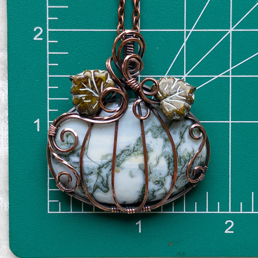 Tree Agate Pumpkin Pendant With Czech Glass Leaves - Antiqued Copper