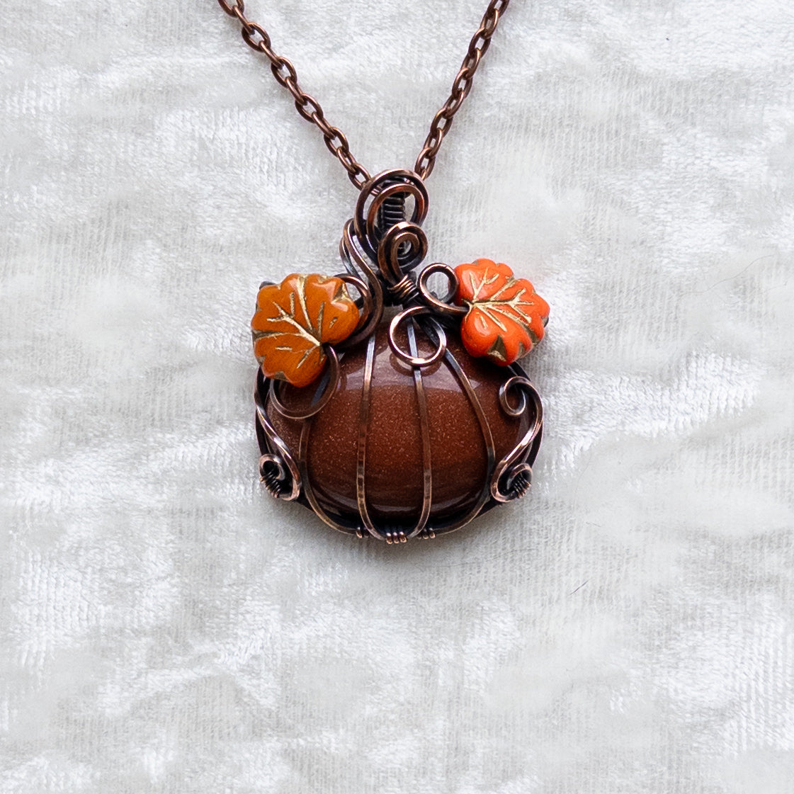Orange Goldstone Pumpkin Pendant With Czech Glass Leaves - Antiqued Copper